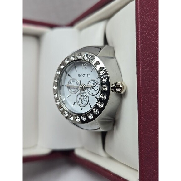 Bozhi Womens Ring Watch Silver Rhinestone Bezel Quartz New Battery Stretch Band main image 10